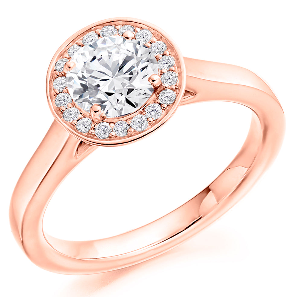 Clean-Shouldered Halo Round Brilliant Engagement Ring, 0.9ct in Rose Gold