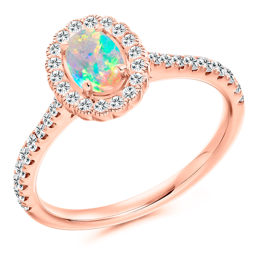 Milgrain Cluster Opal & Diamond Engagement Ring, 0.42ct in Rose Gold
