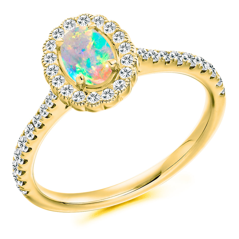 Milgrain Cluster Opal & Diamond Engagement Ring, 0.42ct in Yellow Gold