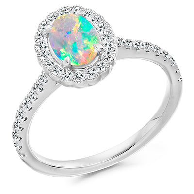 Milgrain Cluster Opal & Diamond Engagement Ring, 0.45ct