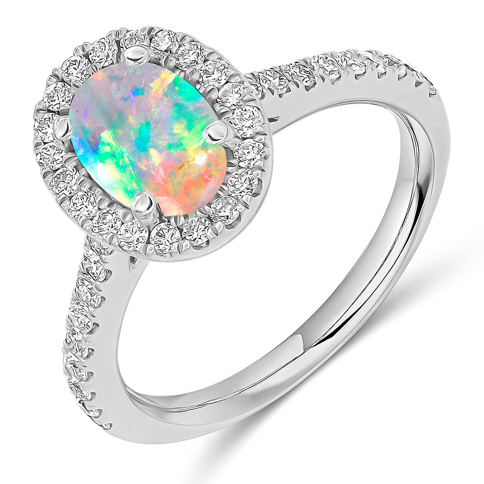 Cluster Halo Opal & Diamond Engagement Ring with Micro-Claw, 0.5ct