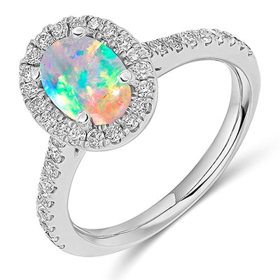 Cluster Halo Opal & Diamond Engagement Ring with Micro-Claw, 0.5ct
