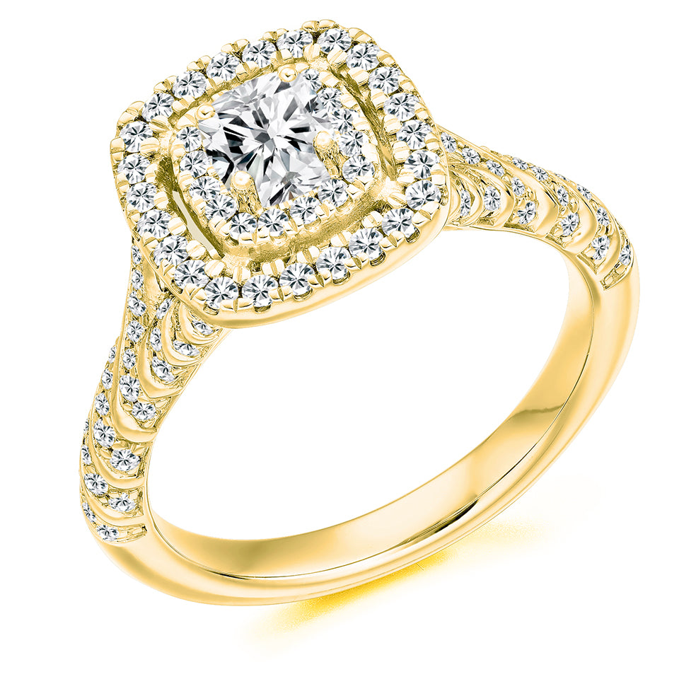 Grain-Set Halo Cushion Cut Engagement Ring in Yellow Gold