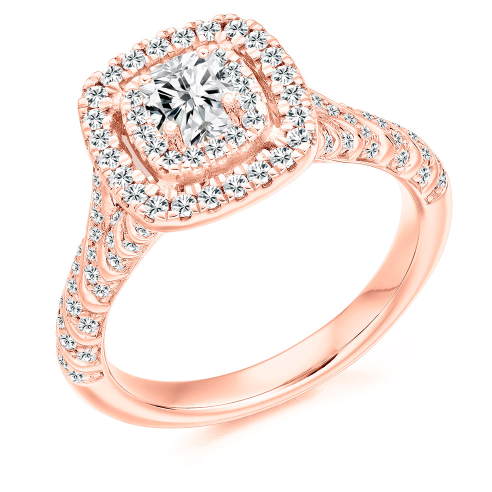 Grain-Set Halo Cushion Cut Engagement Ring in Rose Gold