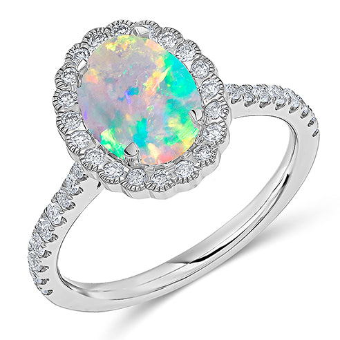 Cluster Halo Opal & Diamond Engagement Ring, 0.5ct