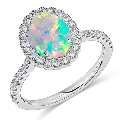 Cluster Halo Opal & Diamond Engagement Ring, 0.5ct