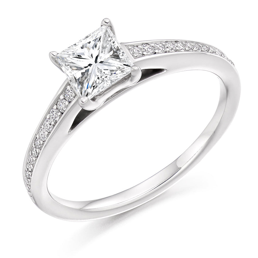 Pavé-Shouldered Solitaire Princess Cut Engagement Ring 0.91ct