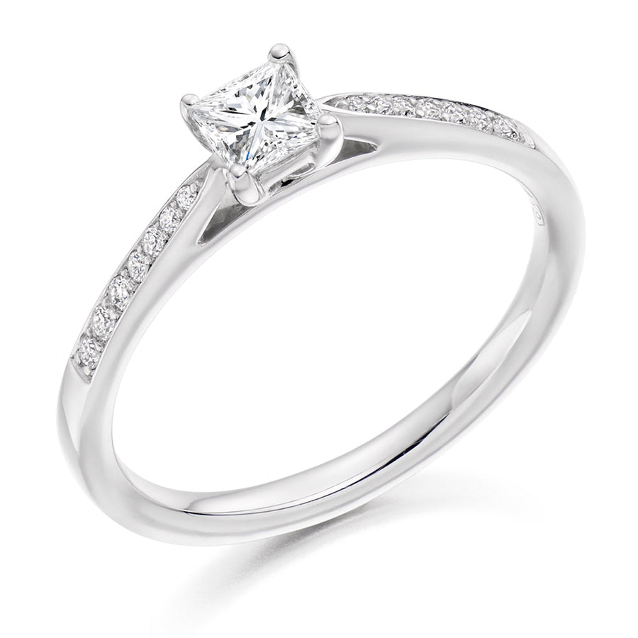 Pavé-Shouldered Solitaire Princess Cut Engagement Ring, 0.33ct