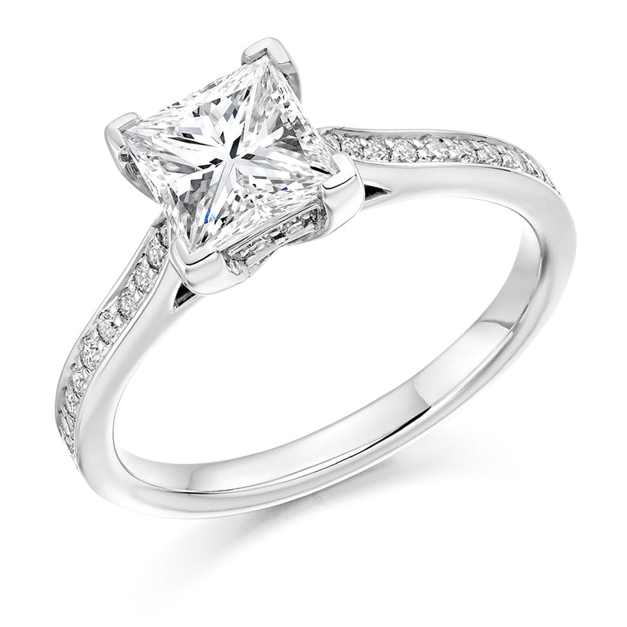 Pavé-Shouldered Solitaire Princess Cut Engagement Ring, 1.25ct