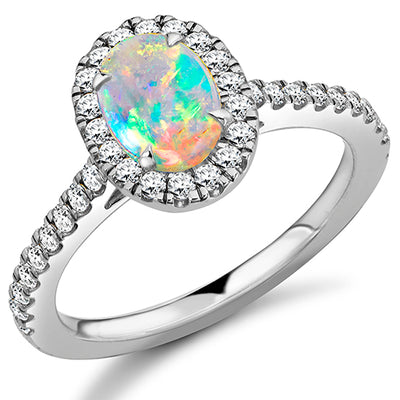 Cluster Halo Opal & Diamond Engagement Ring with Micro-Claw, 0.4ct