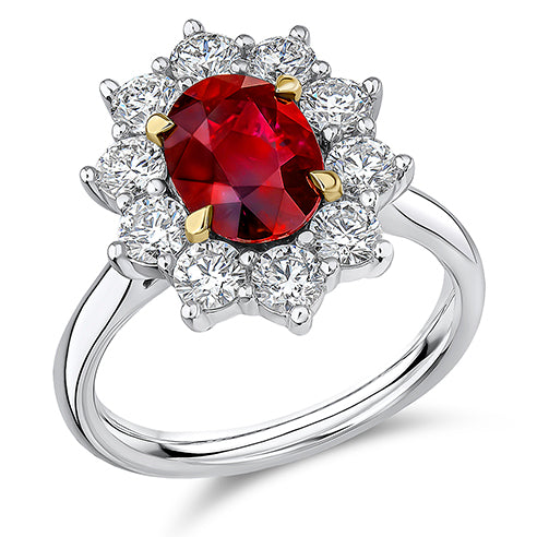 Cluster Halo Ruby & Diamond Engagement Ring, 1.3ct