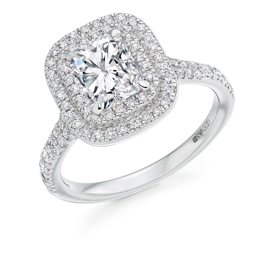 Double-Halo Split-Shoulder Radiant-Cut Engagement Ring, 1.35ct