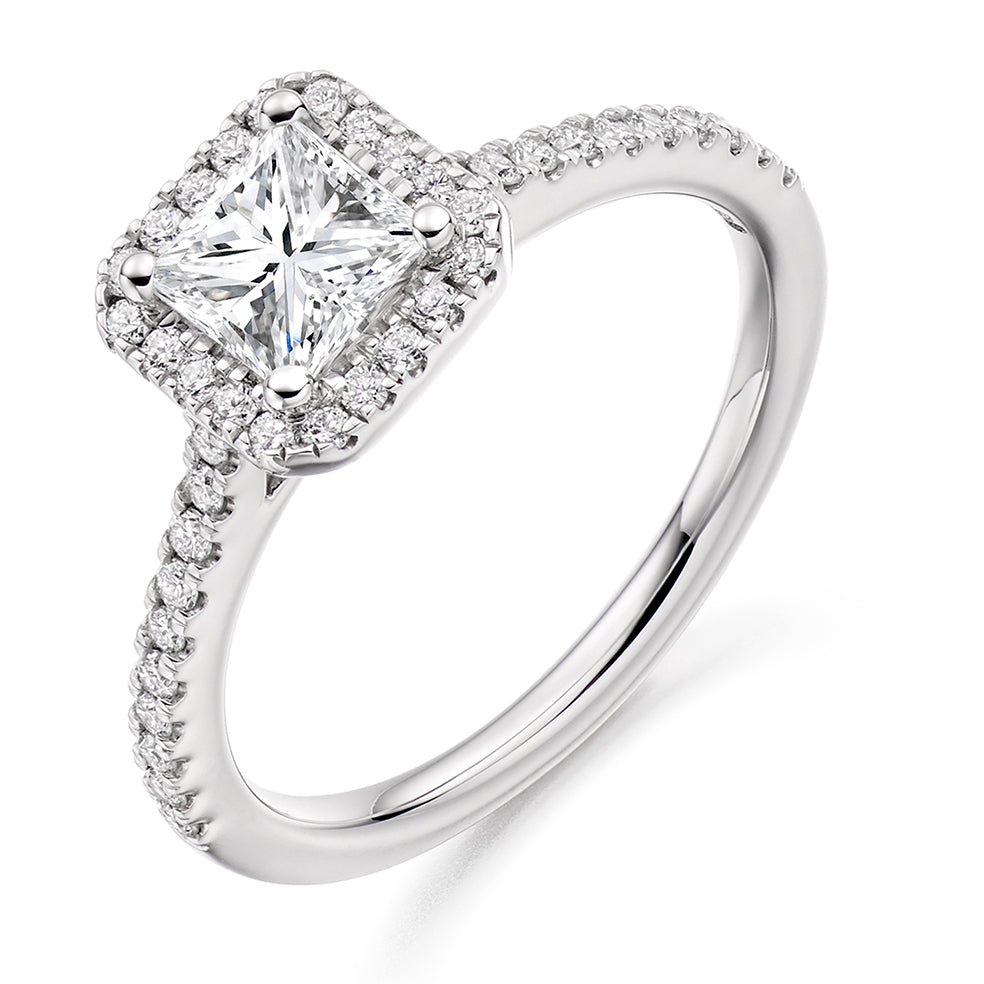 Halo with Diamond Set Shoulders Princess Cut Engagement Ring, 0.40ct