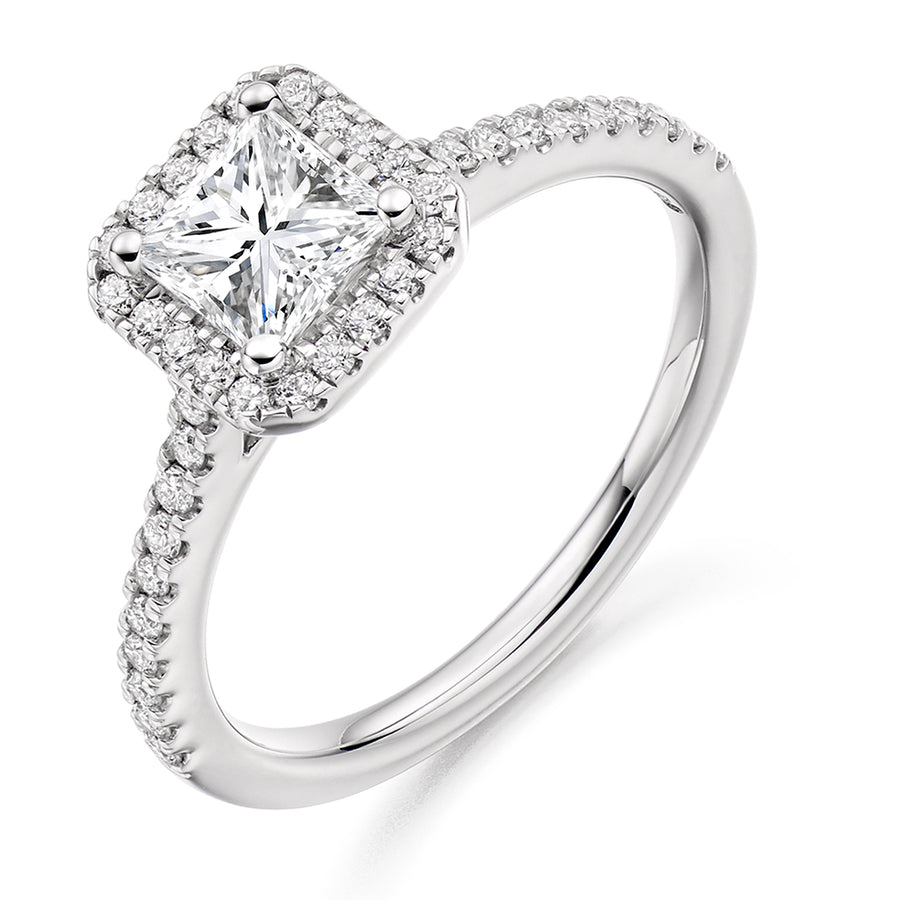 Halo with Diamond Set Shoulders Princess Cut Engagement Ring, 0.40ct