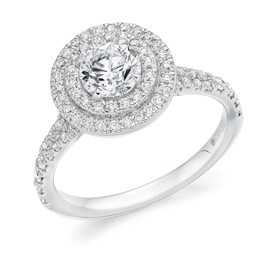 Halo with Diamond Set Shoulders Round Brilliant Engagement Ring, 0.50ct