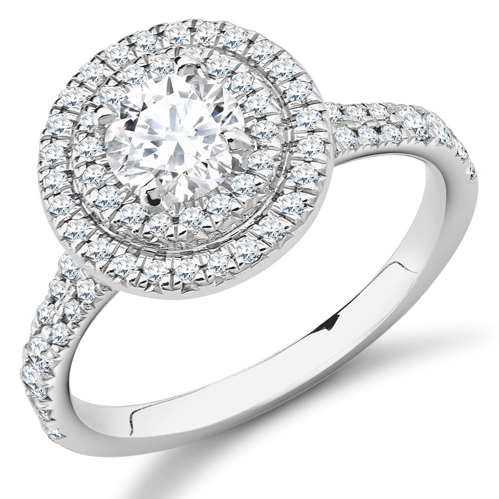 Halo with Diamond Set Shoulders Round Brilliant Engagement Ring, 0.75ct