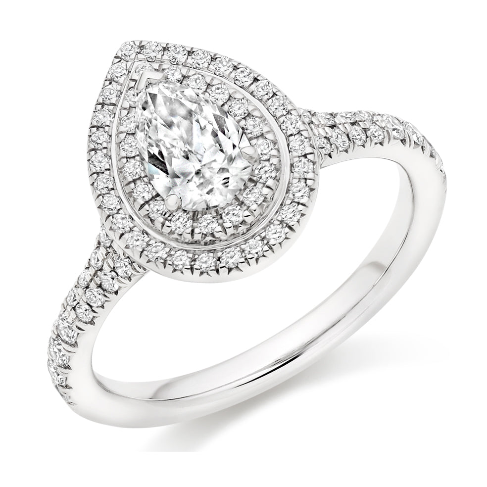 Halo with Diamond Set Shoulders Pear Cut Engagement Ring, 0.75ct
