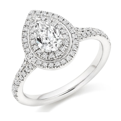 Halo with Diamond Set Shoulders Pear Cut Engagement Ring, 0.75ct