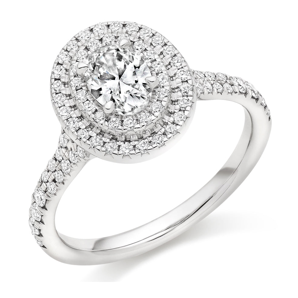 Halo with Diamond Set Shoulders Oval Cut Engagement Ring, 0.50ct