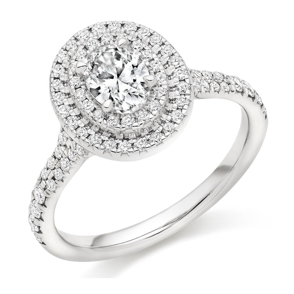 Halo with Diamond Set Shoulders Oval Cut Engagement Ring, 0.50ct