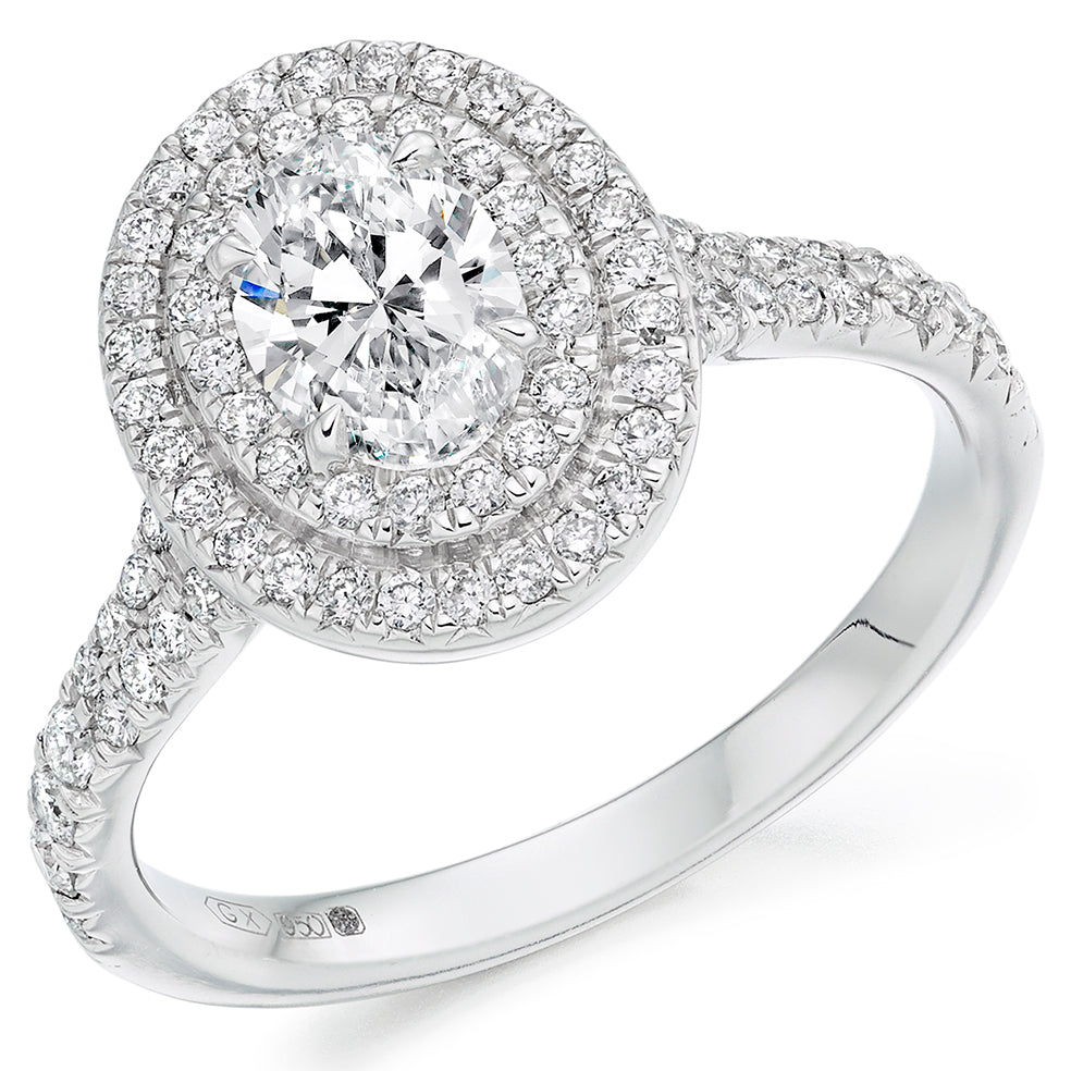 Halo with Diamond Set Shoulders Oval Cut Engagement Ring, 0.75ct