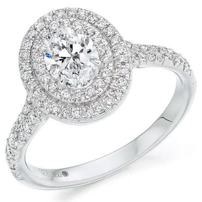 Halo with Diamond Set Shoulders Oval Cut Engagement Ring, 0.75ct