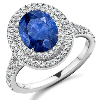 Double-Halo Cluster Sapphire & Diamond Engagement Ring with Fishtail,