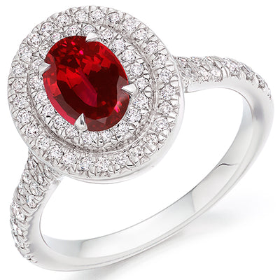 Double-Halo Cluster Ruby & Diamond Engagement Ring, 0.55ct