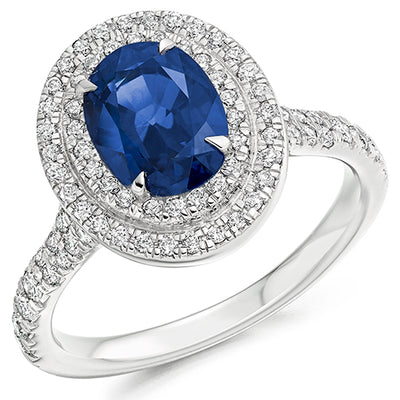 Double-Halo Cluster Sapphire & Diamond Engagement Ring with Micro-Claw
