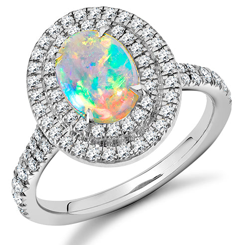 Double-Halo Cluster Opal & Diamond Engagement Ring, 0.55ct