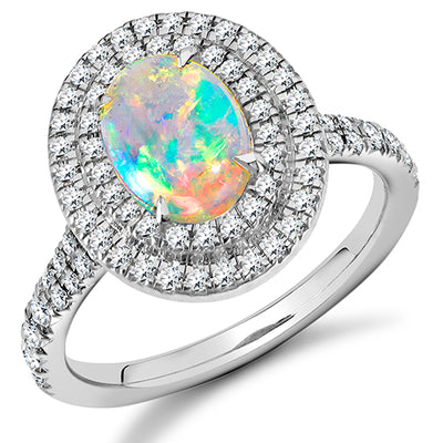 Double-Halo Cluster Opal & Diamond Engagement Ring, 0.55ct