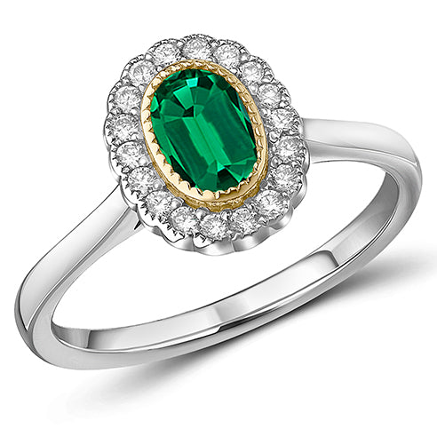 Milgrain Rubover Cluster Emerald & Diamond Engagement Ring, 0.2ct