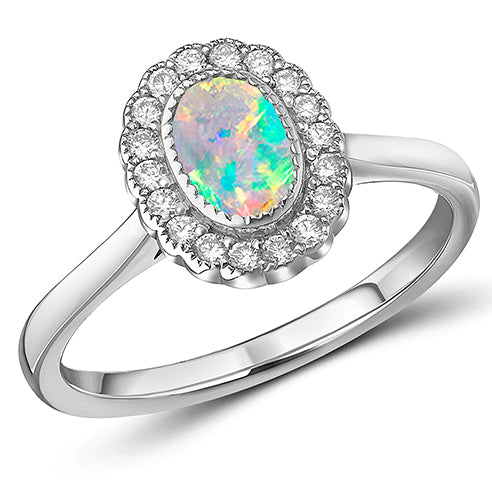 Milgrain Rubover Cluster Opal & Diamond Engagement Ring, 0.2ct