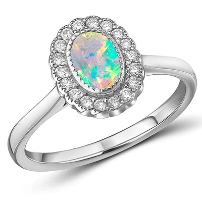 Milgrain Rubover Cluster Opal & Diamond Engagement Ring, 0.2ct