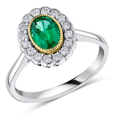 Milgrain Rubover Cluster Emerald & Diamond Engagement Ring, 0.3ct
