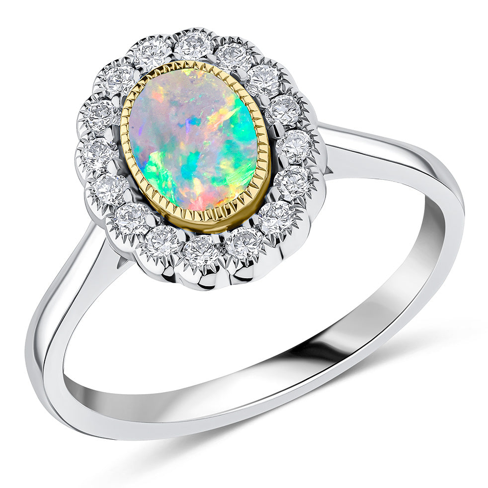 Milgrain Rubover Cluster Opal & Diamond Engagement Ring, 0.3ct