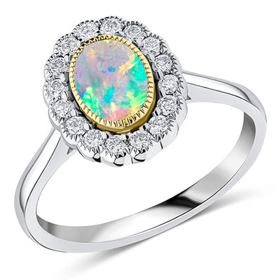 Milgrain Rubover Cluster Opal & Diamond Engagement Ring, 0.3ct
