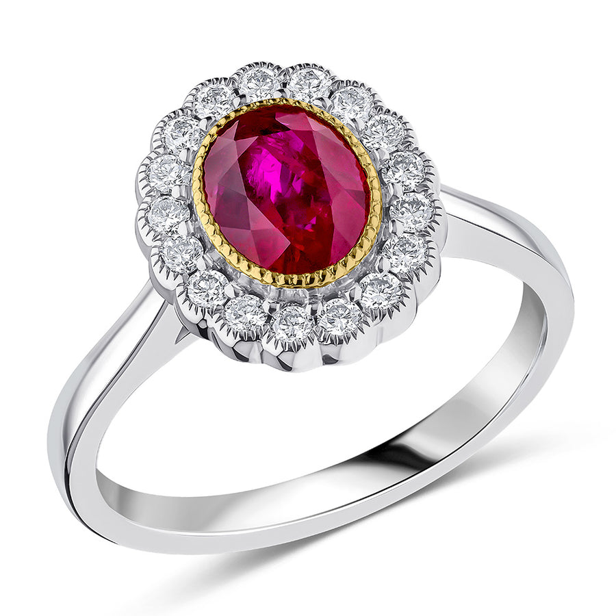 Milgrain Rubover Cluster Ruby & Diamond Engagement Ring, 0.3ct