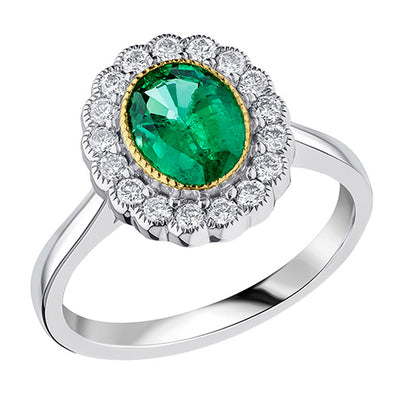 Milgrain Rubover Cluster Emerald & Diamond Engagement Ring, 0.4ct