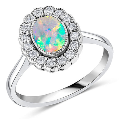 Milgrain Rubover Cluster Opal & Diamond Engagement Ring, 0.4ct