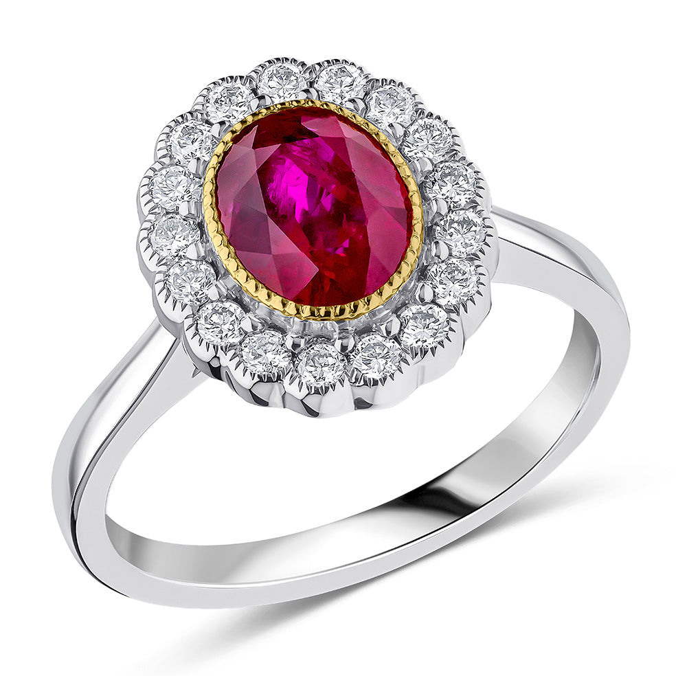 Milgrain Rubover Cluster Ruby & Diamond Engagement Ring, 0.4ct