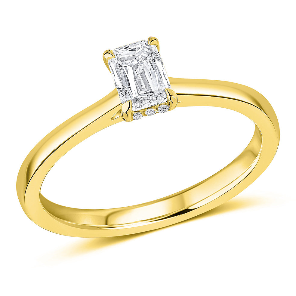 Hidden-Halo Solitaire Crisscut Emerald-Cut Engagement Ring, 0.5ct (ENG59825 SMT) in Yellow Gold