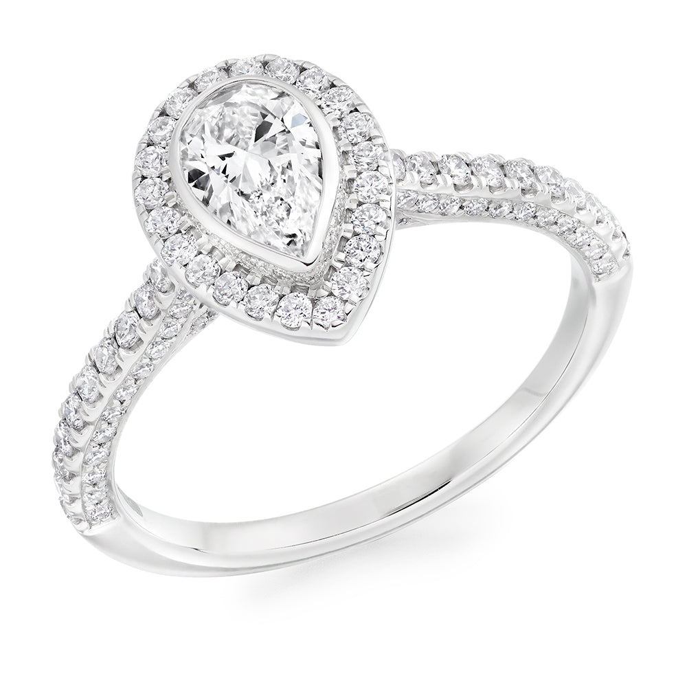 Halo with Diamond Set Shoulders Pear Cut Engagement Ring, 0.50ct