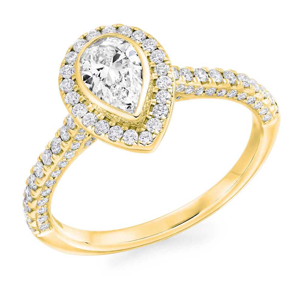 Halo with Diamond Set Shoulders Pear Cut Engagement Ring, 0.50ct in Yellow Gold
