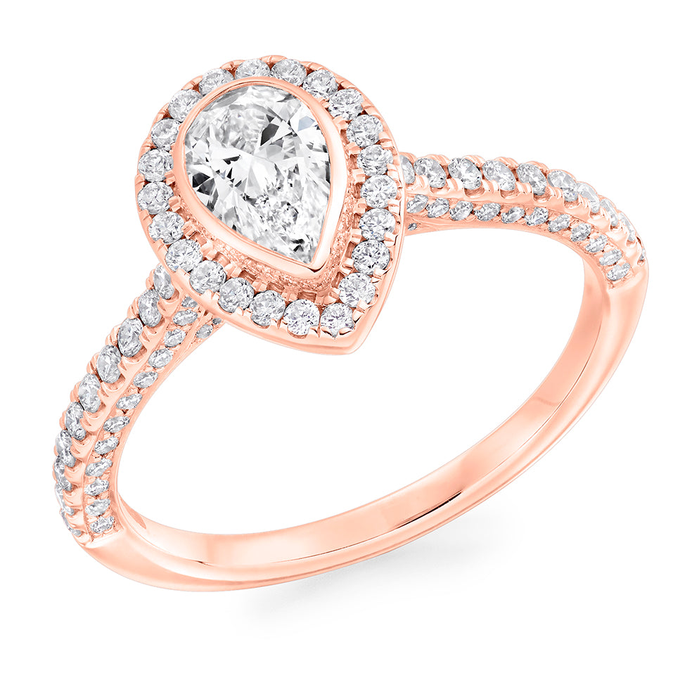 Halo with Diamond Set Shoulders Pear Cut Engagement Ring, 0.50ct in Rose Gold