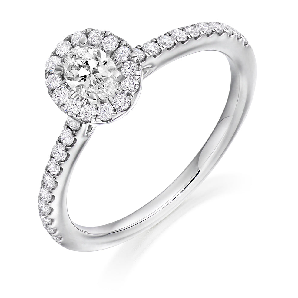 Halo with Diamond Set Shoulders Oval Cut Engagement Ring, 0.25ct