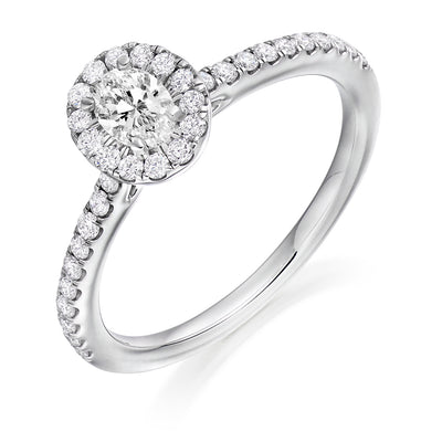 Halo with Diamond Set Shoulders Oval Cut Engagement Ring, 0.25ct