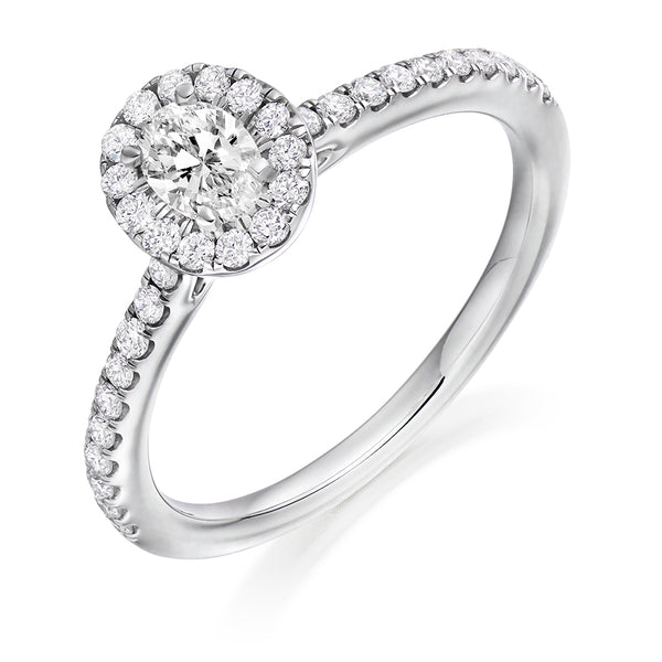 Halo with Diamond Set Shoulders Oval Cut Engagement Ring, 0.25ct