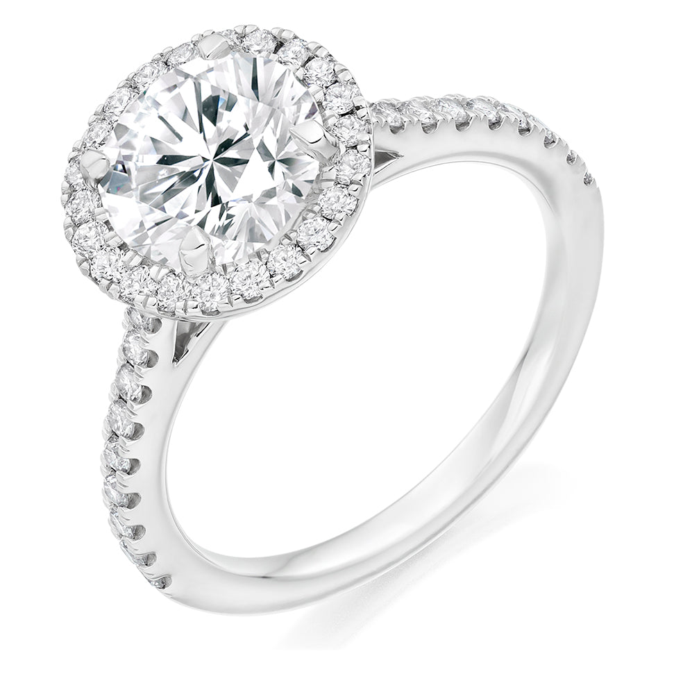 Halo with Diamond Set Shoulders Round Brilliant Engagement Ring, 2.00ct