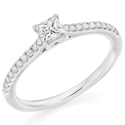 Solitaire with Diamond Set Shoulders Princess Cut Engagement Ring, 0.25ct